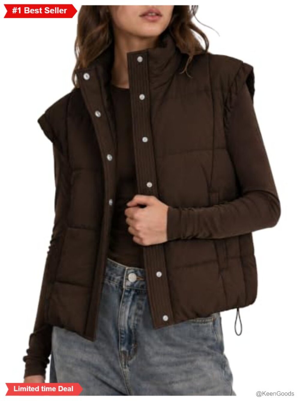 Women's Lightweight Cropped Padded Puffer Vest Stand Collar Snap Button